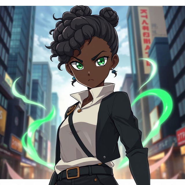 A stunning black girl in the style of 'Jujutsu Kaisen', featuring captivating green eyes and a curly low bun hairstyle