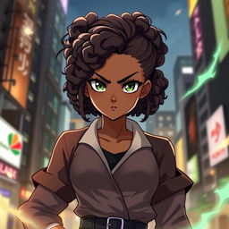 A stunning black girl in the style of 'Jujutsu Kaisen', featuring captivating green eyes and a curly low bun hairstyle