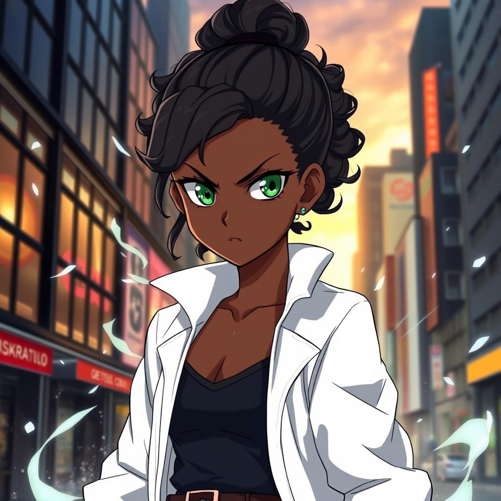 A stunning black girl in the style of 'Jujutsu Kaisen', featuring captivating green eyes and a curly low bun hairstyle