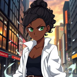 A stunning black girl in the style of 'Jujutsu Kaisen', featuring captivating green eyes and a curly low bun hairstyle