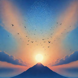 A spiritual scene with birds in flight against a sunset sky integrating sacred geometric patterns