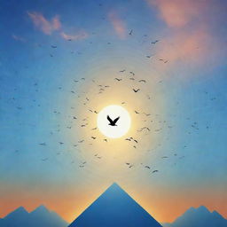 A spiritual scene with birds in flight against a sunset sky integrating sacred geometric patterns