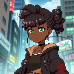A striking black girl in the style of the anime Jujutsu Kaisen, featuring vibrant green eyes and a stylish curly low bun hairstyle