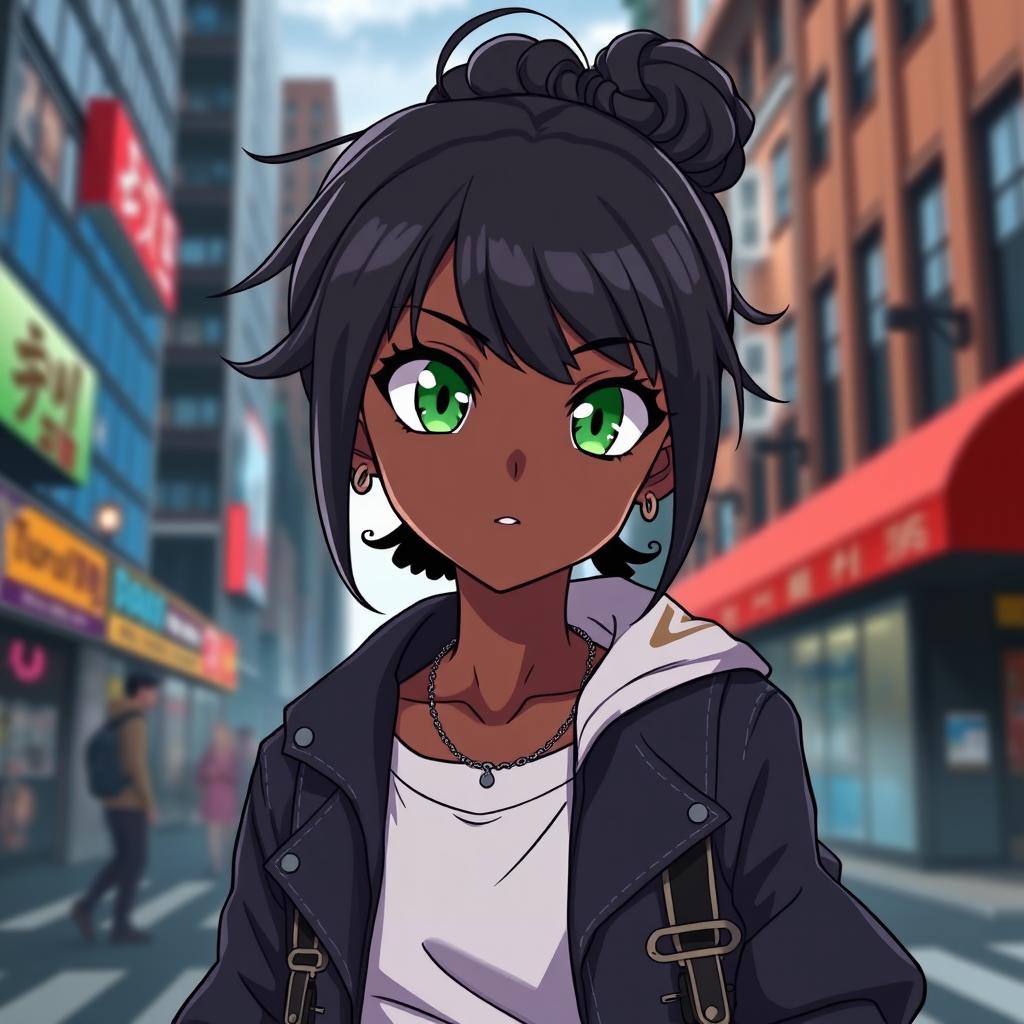 A striking black girl in the style of the anime Jujutsu Kaisen, featuring vibrant green eyes and a stylish curly low bun hairstyle