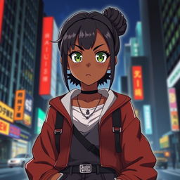 A striking black girl in the style of the anime Jujutsu Kaisen, featuring vibrant green eyes and a stylish curly low bun hairstyle