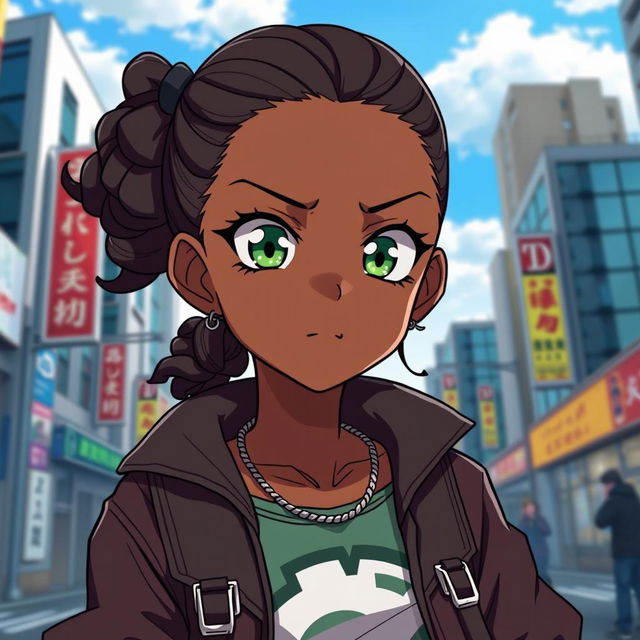 A striking black girl in the style of the anime Jujutsu Kaisen, featuring vibrant green eyes and a stylish curly low bun hairstyle