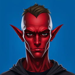 A portrait of a male tiefling with red skin