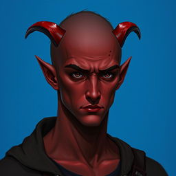 A portrait of a male tiefling with red skin
