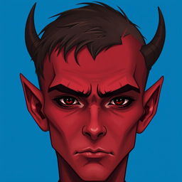 A portrait of a male tiefling with red skin