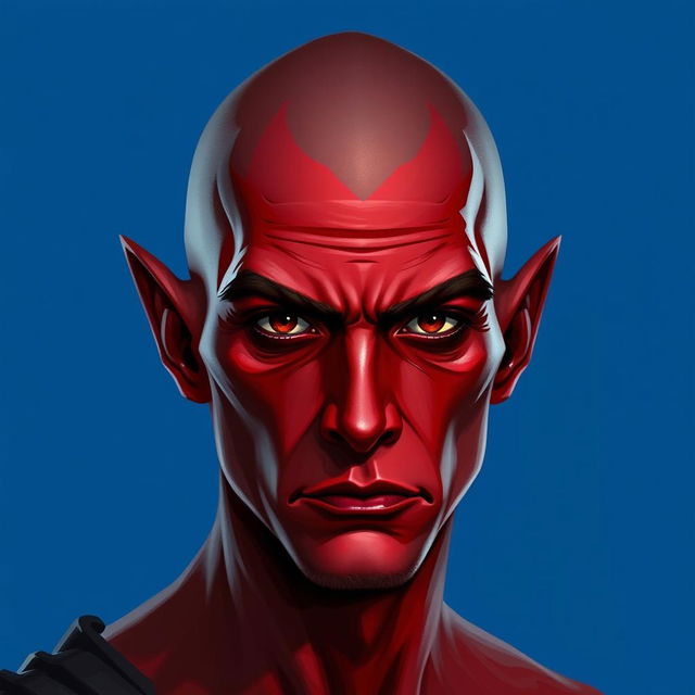 A portrait of a male tiefling with red skin