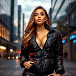 A stunning young woman in a form-fitting, shiny black puffer jacket that accentuates her figure and big bosom