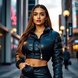 A stunning young woman in a form-fitting, shiny black puffer jacket that accentuates her figure and big bosom