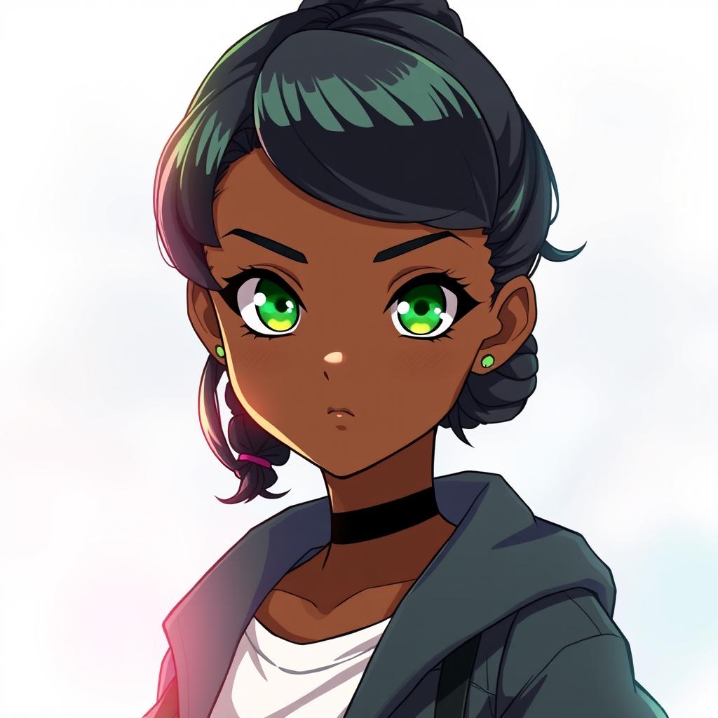 A stunning black girl depicted in the art style of Jujutsu Kaisen (jjk), showcasing vibrant green eyes and a stylish curly low bun hairstyle