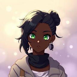 A stunning black girl depicted in the art style of Jujutsu Kaisen (jjk), showcasing vibrant green eyes and a stylish curly low bun hairstyle