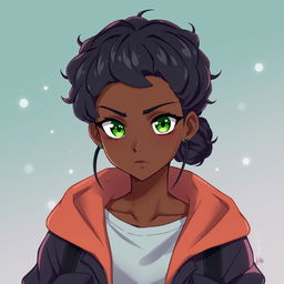 A stunning black girl depicted in the art style of Jujutsu Kaisen (jjk), showcasing vibrant green eyes and a stylish curly low bun hairstyle