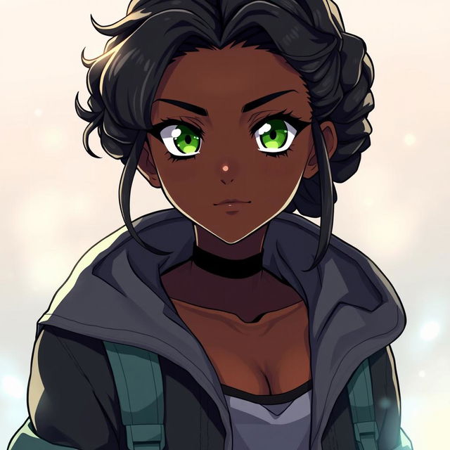 A stunning black girl depicted in the art style of Jujutsu Kaisen (jjk), showcasing vibrant green eyes and a stylish curly low bun hairstyle