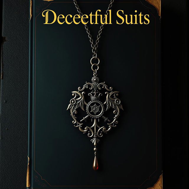 A book cover titled "Deceitful Suits" featuring an emblem from a secret society intricately detailed and hanging from an ornate necklace chain