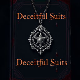 A book cover titled "Deceitful Suits" featuring an emblem from a secret society intricately detailed and hanging from an ornate necklace chain