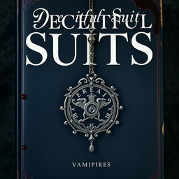 A book cover titled "Deceitful Suits" featuring an emblem from a secret society intricately detailed and hanging from an ornate necklace chain
