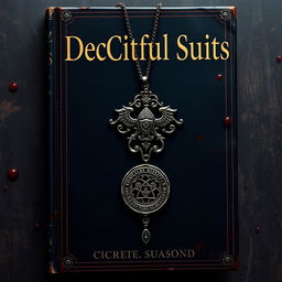 A book cover titled "Deceitful Suits" featuring an emblem from a secret society intricately detailed and hanging from an ornate necklace chain