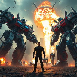 An explosive teaser trailer scene from 'Transformers 8: Rise of the Titans', showcasing a sprawling urban battlefield filled with towering Transformers in dynamic poses