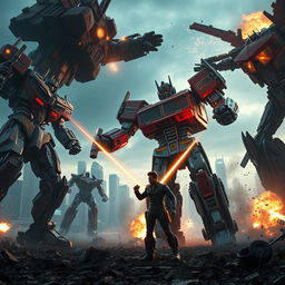 An explosive teaser trailer scene from 'Transformers 8: Rise of the Titans', showcasing a sprawling urban battlefield filled with towering Transformers in dynamic poses