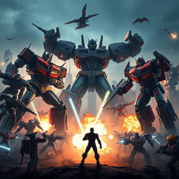An explosive teaser trailer scene from 'Transformers 8: Rise of the Titans', showcasing a sprawling urban battlefield filled with towering Transformers in dynamic poses