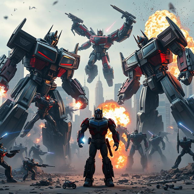 An explosive teaser trailer scene from 'Transformers 8: Rise of the Titans', showcasing a sprawling urban battlefield filled with towering Transformers in dynamic poses