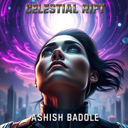 A dramatic close-up of a heroine with an intense gaze focused upward toward a swirling celestial rift above Nova Prime