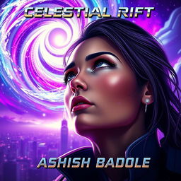 A dramatic close-up of a heroine with an intense gaze focused upward toward a swirling celestial rift above Nova Prime