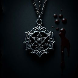 A dark and mysterious emblem from a secret society, shaped intricately and hanging from a silver necklace chain