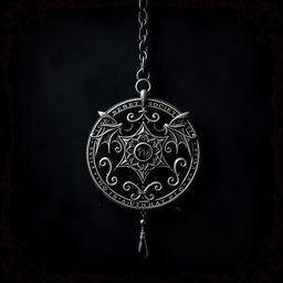 An emblem from a secret society, intricately designed, hanging from a delicate necklace chain