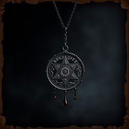 An emblem from a secret society, intricately designed, hanging from a delicate necklace chain
