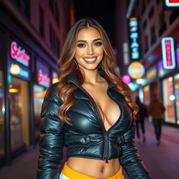A beautiful young woman in a tight, shiny black puffer jacket that accentuates her figure and big bosom