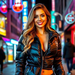 A beautiful young woman in a tight, shiny black puffer jacket that accentuates her figure and big bosom