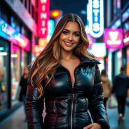 A beautiful young woman in a tight, shiny black puffer jacket that accentuates her figure and big bosom