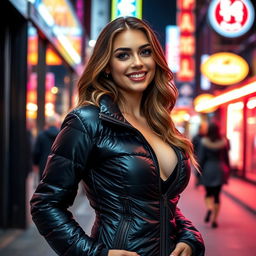 A beautiful young woman in a tight, shiny black puffer jacket that accentuates her figure and big bosom
