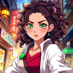 A stunning teenage girl illustrated in a vibrant, anime-inspired style reminiscent of 'Jujutsu Kaisen'