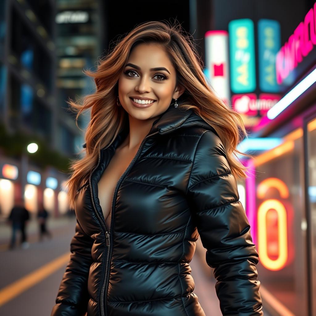 A glamorous young woman in a tight, shiny black puffer jacket that perfectly highlights her figure and large bosom