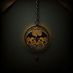 An emblem of a mysterious secret society, intricately designed with symbols of vampire lore, hanging from a delicate chain made of silver