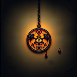 An emblem of a mysterious secret society, intricately designed with symbols of vampire lore, hanging from a delicate chain made of silver