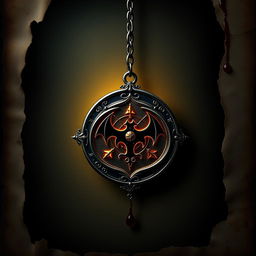 An emblem of a mysterious secret society, intricately designed with symbols of vampire lore, hanging from a delicate chain made of silver