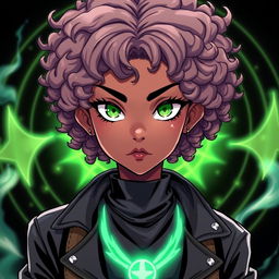 A striking illustration of a black teenage girl in the style of Jujutsu Kaisen (JJK)
