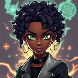 A striking illustration of a black teenage girl in the style of Jujutsu Kaisen (JJK)