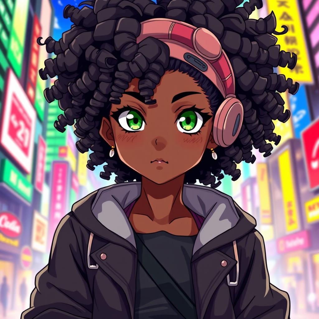 A stunning black teenage girl illustrated in the vibrant style of Jujutsu Kaisen, showcasing her striking green eyes and beautifully curly hair