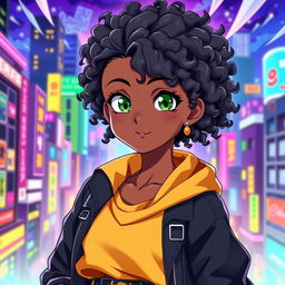 A stunning black teenage girl illustrated in the vibrant style of Jujutsu Kaisen, showcasing her striking green eyes and beautifully curly hair