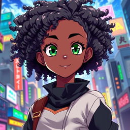 A stunning black teenage girl illustrated in the vibrant style of Jujutsu Kaisen, showcasing her striking green eyes and beautifully curly hair