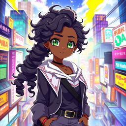 A stunning black teenage girl illustrated in the vibrant style of Jujutsu Kaisen, showcasing her striking green eyes and beautifully curly hair