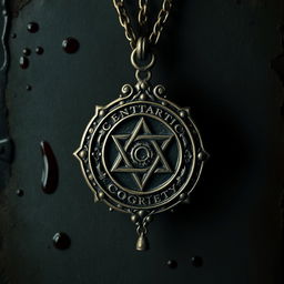 An intricate emblem from a secret society crafted in a gothic style, hanging from a detailed necklace chain
