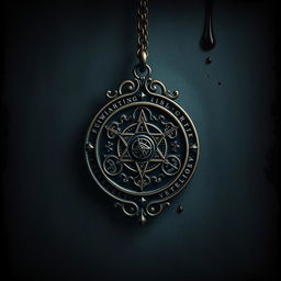 An intricate emblem from a secret society crafted in a gothic style, hanging from a detailed necklace chain